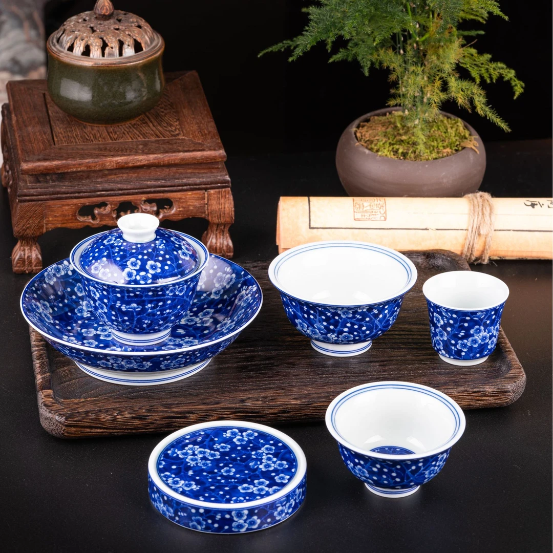 优质高岭土景德镇七丞堂高温釉下彩青花冰梅陶瓷茶具套装【简装】