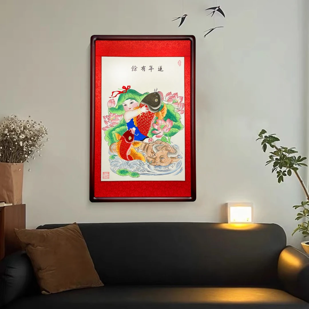 莲年有余（竖）杨柳青精品年画家居挂画非遗纯手工餐厅门厅玄关挂画