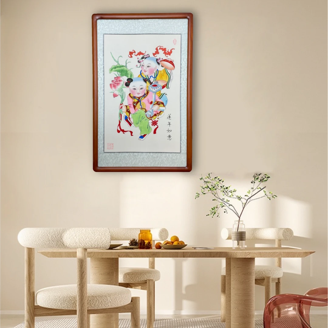 莲年如意杨柳青精品手绘年画非遗手工艺国粹餐厅卧室玄关挂画礼品