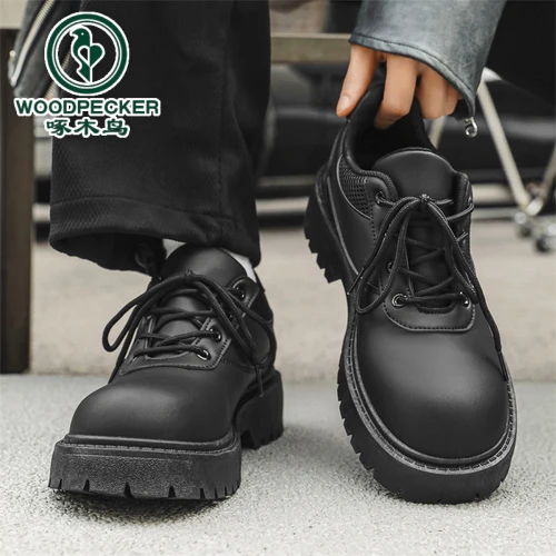 woodpecker/啄木鸟男鞋春季英伦商务正装休闲皮鞋男士黑色低帮鞋