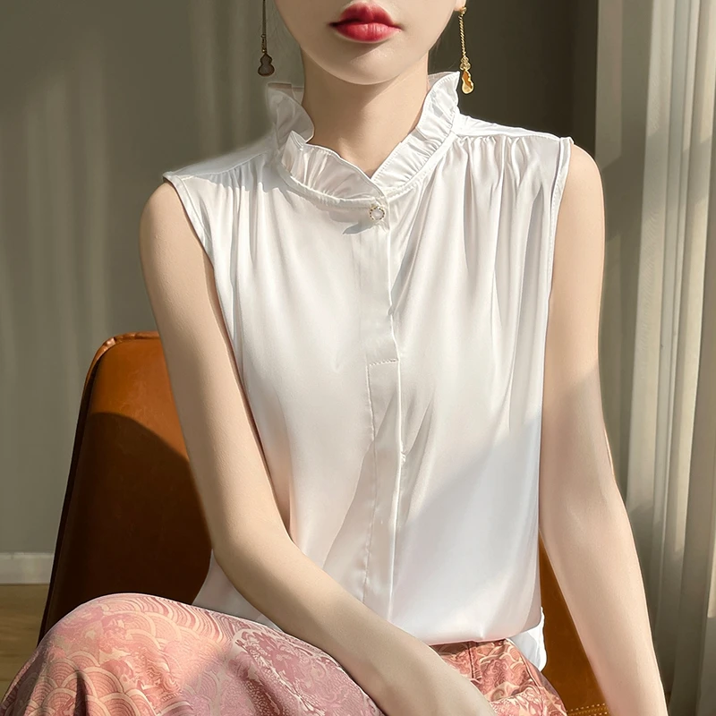 夏季立领仿真丝无袖背心女时尚木耳边半高领醋酸缎面打底衫内搭