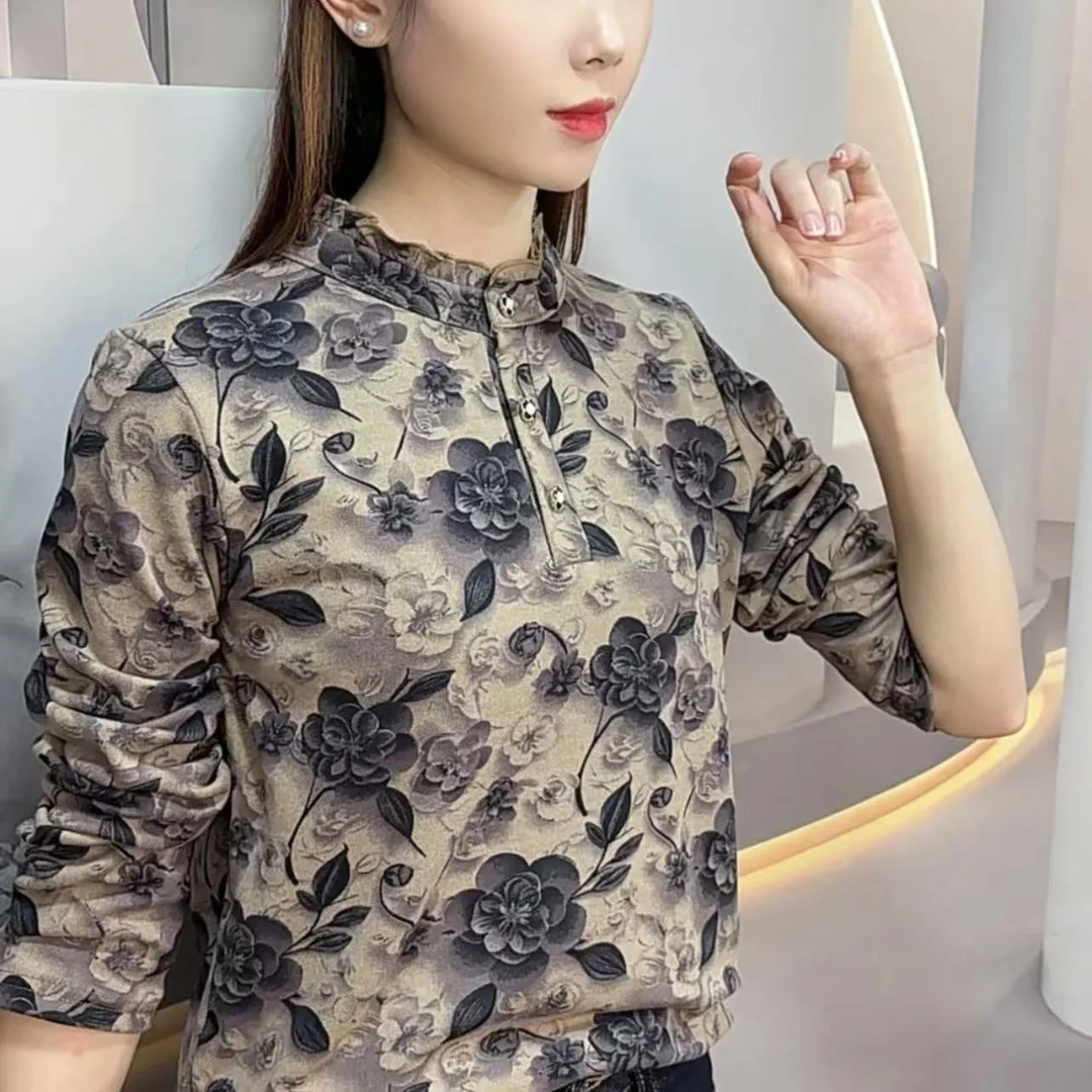 2024新款加绒秋冬季洋气碎花小衫花边妈妈装遮肉显瘦