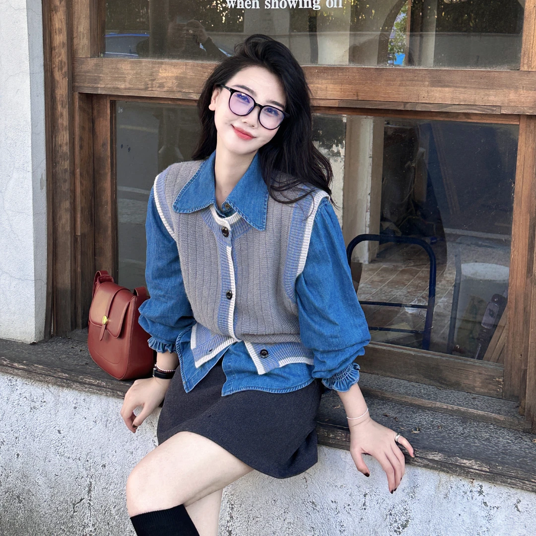 今婷韩系时尚经典休闲百搭灰蓝白撞色无袖开襟马甲女-JH24301308