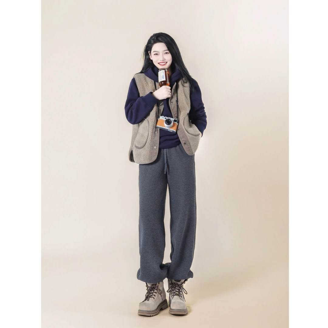 今婷加绒运动时尚百搭宽松显瘦松紧抽绳收口休闲裤卫裤-M24405310