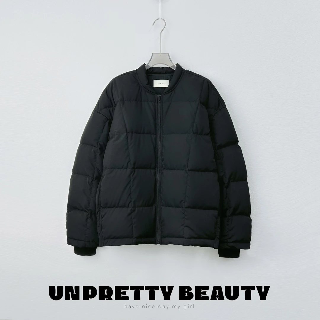 今婷韩版简约冬季保暖方块格短款无领黑色面包羽绒服-M23403340