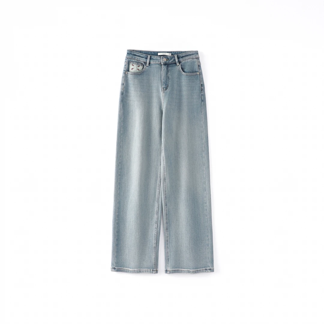 今婷休闲百搭设计感口袋刺绣加绒加厚高腰直筒牛仔长裤-M24414308