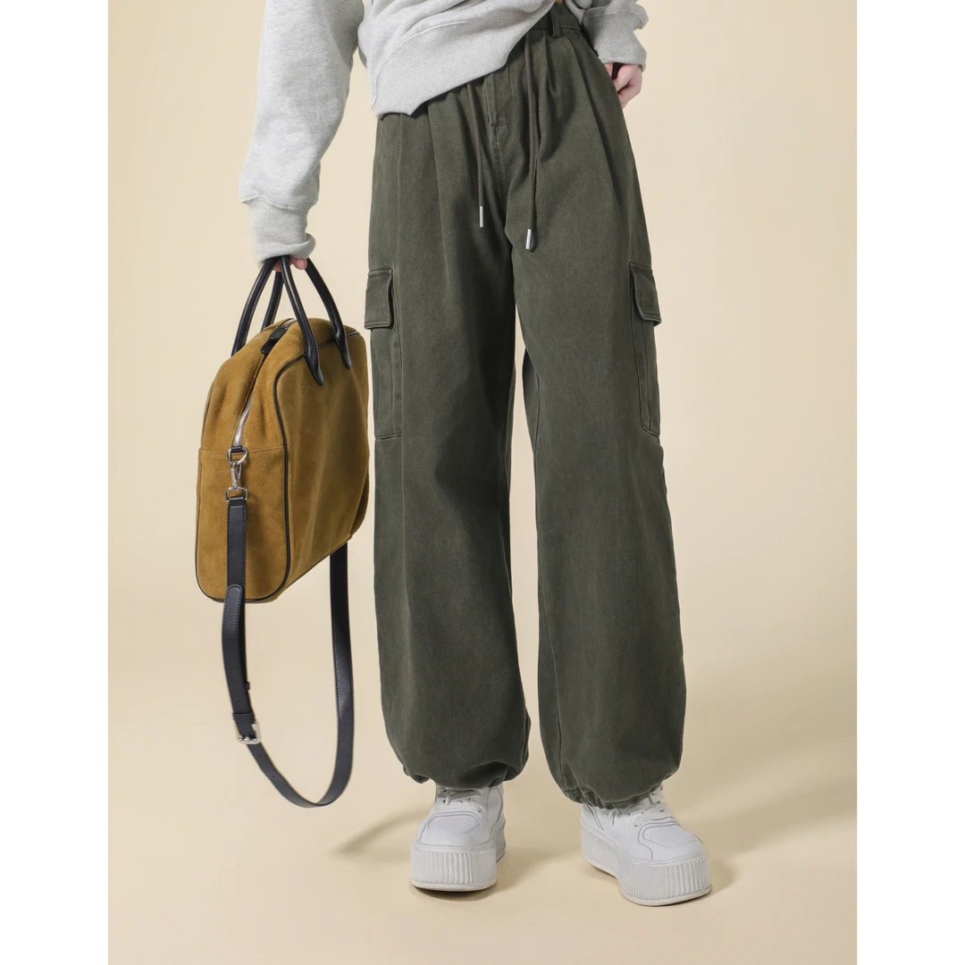 今婷薄绒复古立体贴袋宽松抽绳设计师阔腿做旧工装裤女-HC250632