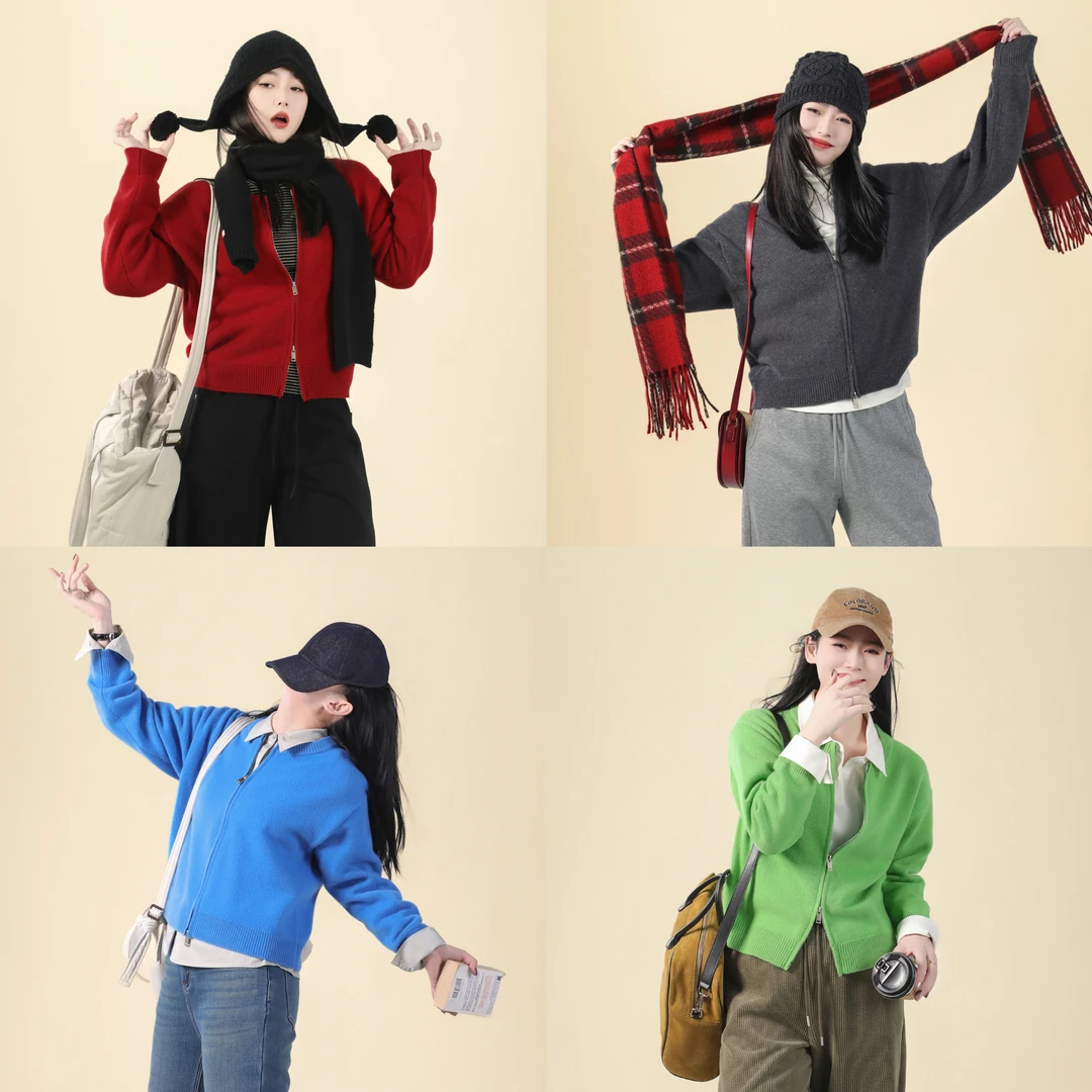 今婷韩系气质简约时尚休闲纯色圆领针织拉链开衫外套女-M24402334