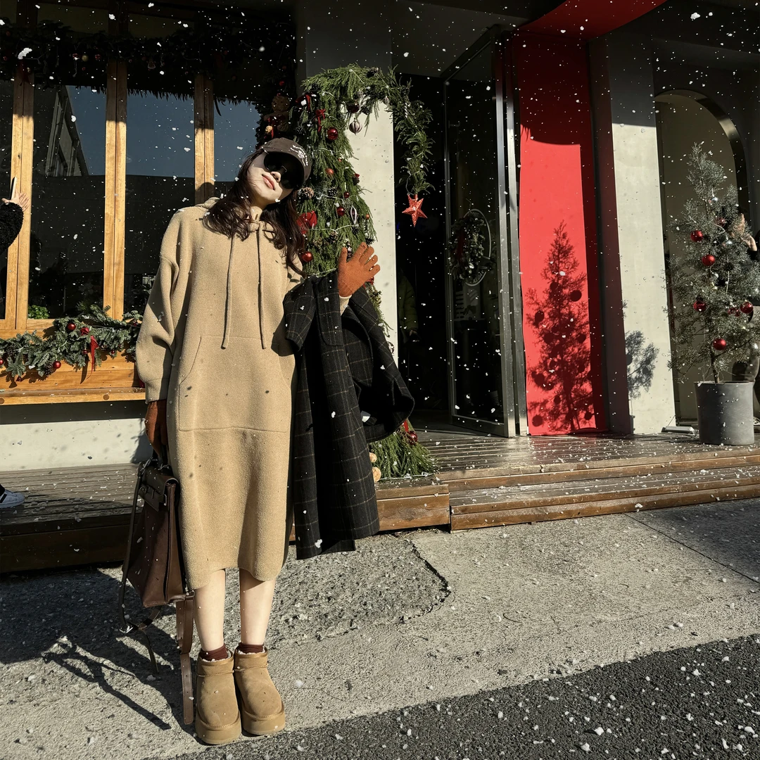 今婷【炸款不退换】休闲百搭百搭毛巾绒连帽宽松连衣裙-HD235595