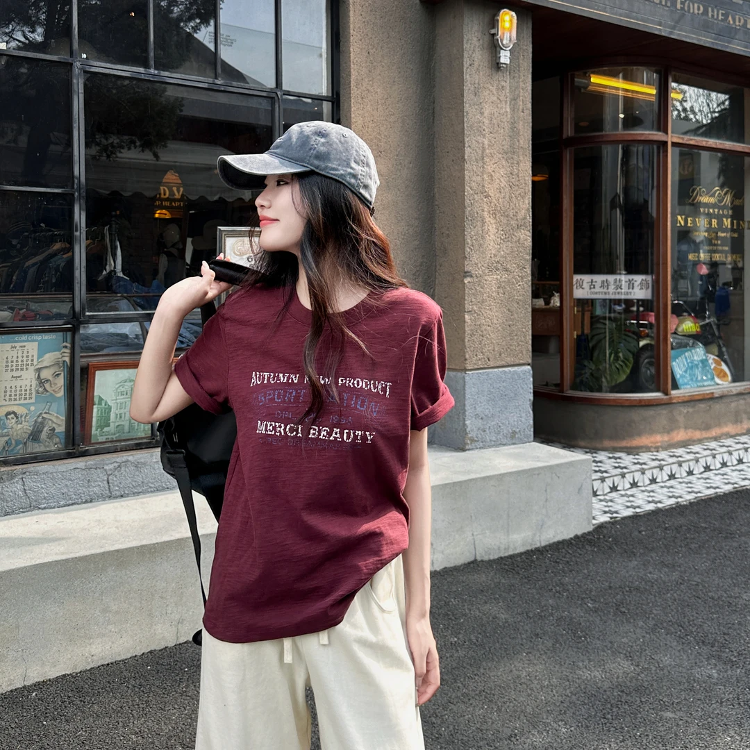 今婷美式复古小众通勤风基础百搭圆领弹力字母印花T恤-JH24301343
