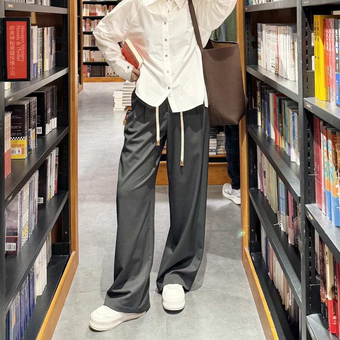 今婷韩版休闲时尚百搭简约小众高腰垂感直筒抽绳西装裤-M24105326