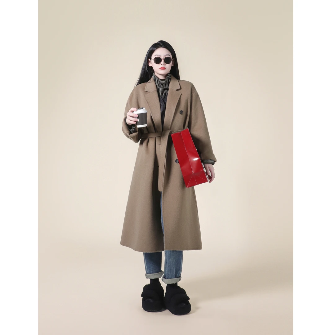 今婷秋冬气质双排扣纯色通勤休闲宽松过膝长款羊毛大衣-J24406303