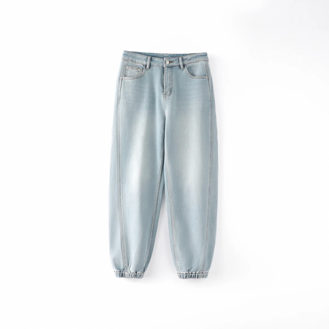 今婷【收口瘦厚】韩版水洗蓝高腰宽松阔腿收口加绒牛仔裤-HD248557