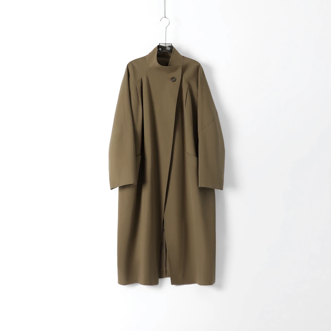 今婷韩系简约纯色高级感通勤百搭宽松压褶长款风衣外套-HQ231090