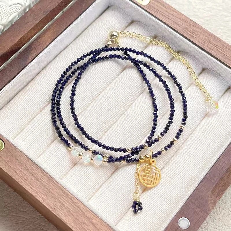 14k蓝金砂石蓝砂石切面三圈手里女款多层手链手串