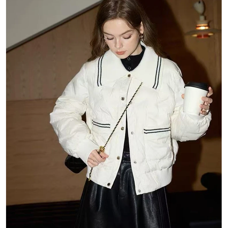 2024年冬新款法式小香风女针织领双色拼接气质短款时尚百搭外套女