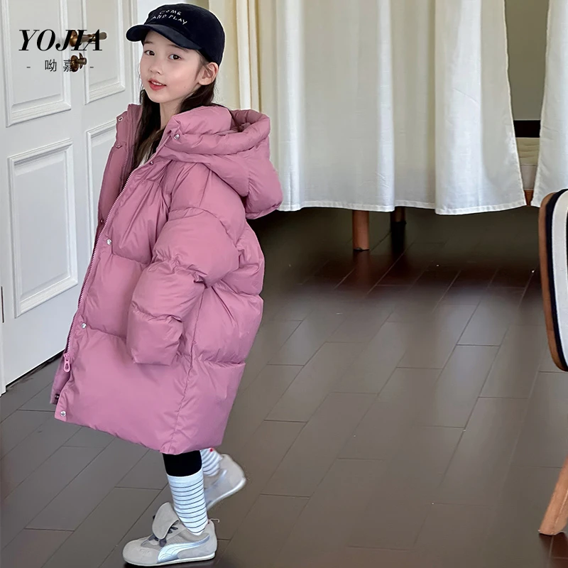 YOJIA女童羽绒服冬季白鸭绒三防中长款过膝加厚保暖儿童外套冬装