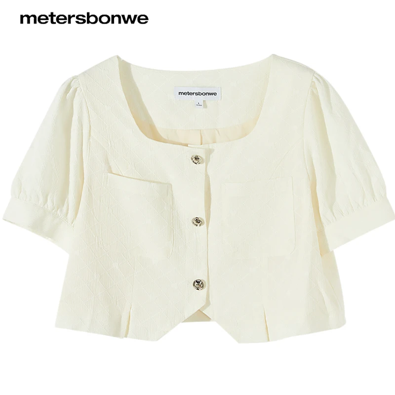 美特斯邦威女梭织提花方领小衫725550