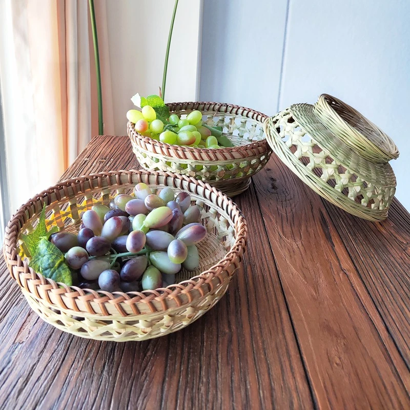 餐厅收纳竹篮带底托山藤锁边家用竹制品竹编水果篮糕点篮手编时尚