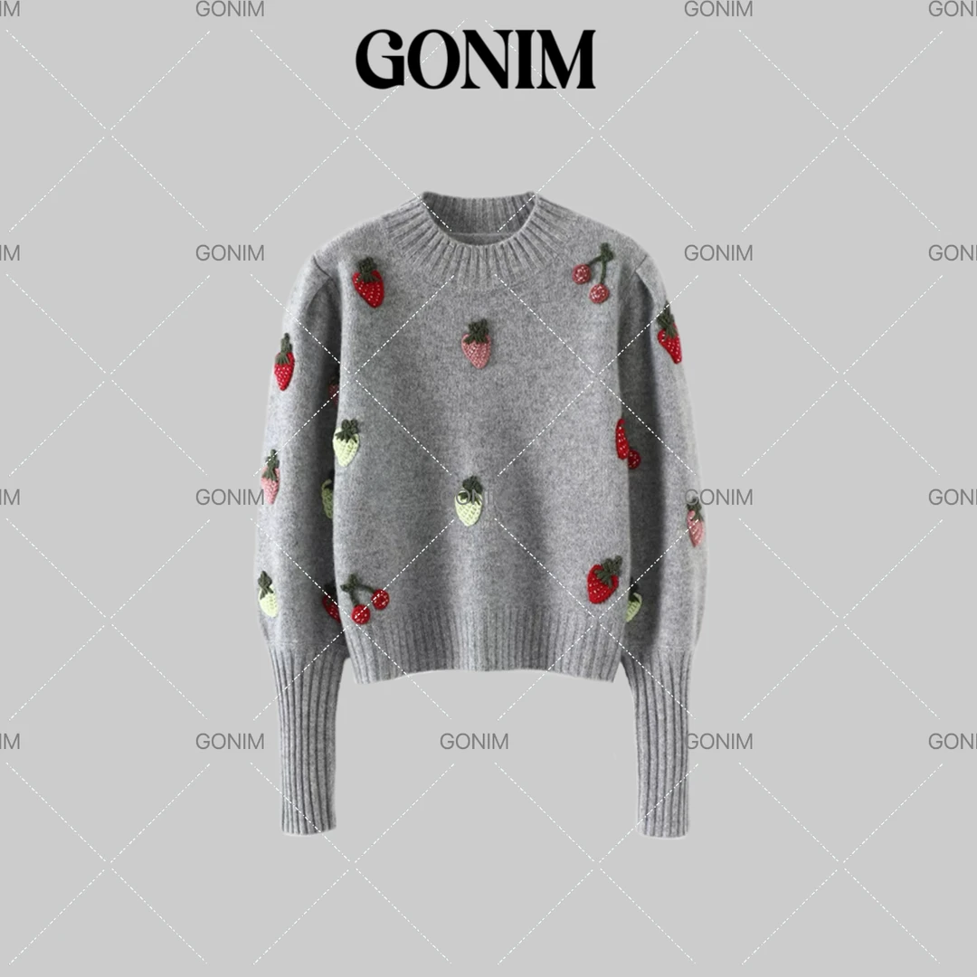 Gonim· "酸甜莓莓‘’2024新款秋冬钩花草莓半高领毛针织衫衣套头女