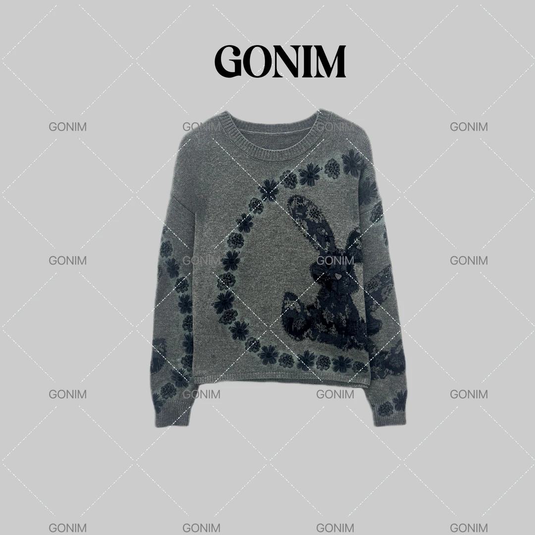 Gonim· "水墨画‘’2024秋季新款时尚穿搭兔子花朵长袖时尚休闲上衣