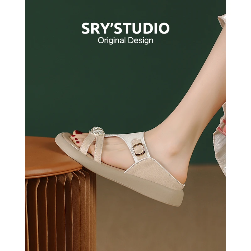 CZ6979牛皮软底气质复古女士凉鞋2024夏季英伦百搭防滑罗马凉鞋