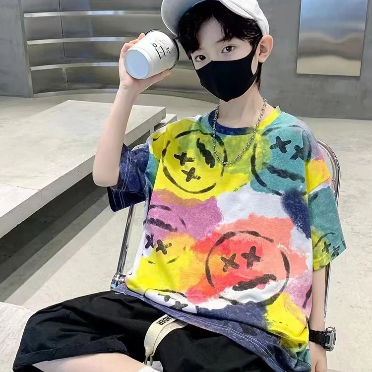 755 白色 哭脸 青少年 潮牌T恤