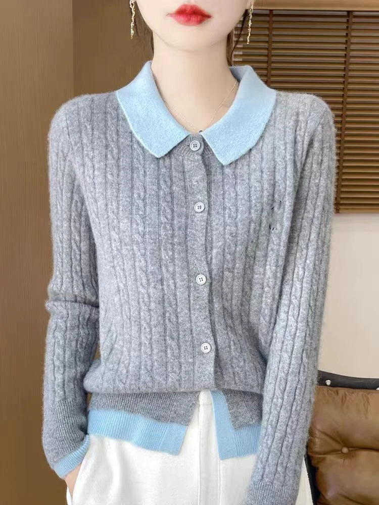 大码女装假两件针织开衫秋冬新款宽松拼色百搭款学院风毛衣6615