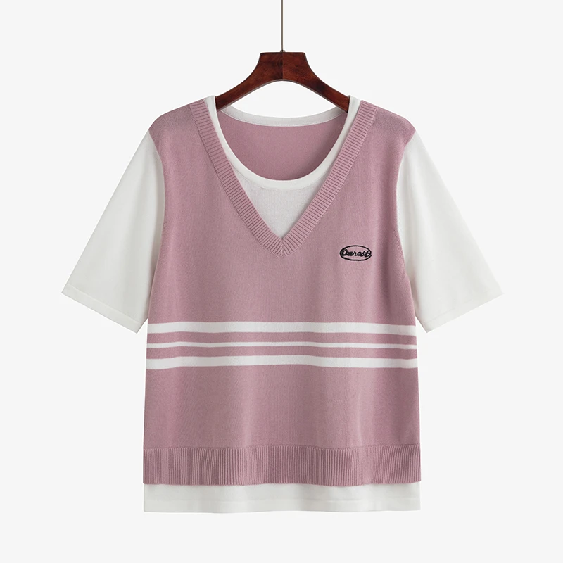 4418大码学院风假两件v领背心条纹针织衫夏季胖mm显瘦宽松上衣女