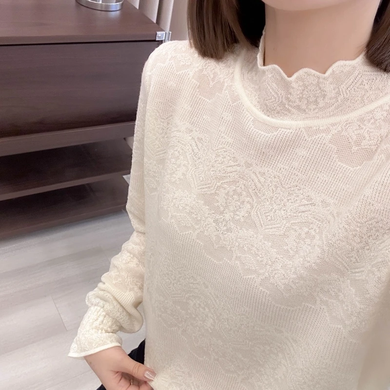 复古勾花竖坑条花瓣领针织打底衫秋冬季新款上衣宽松韩版叠穿内搭