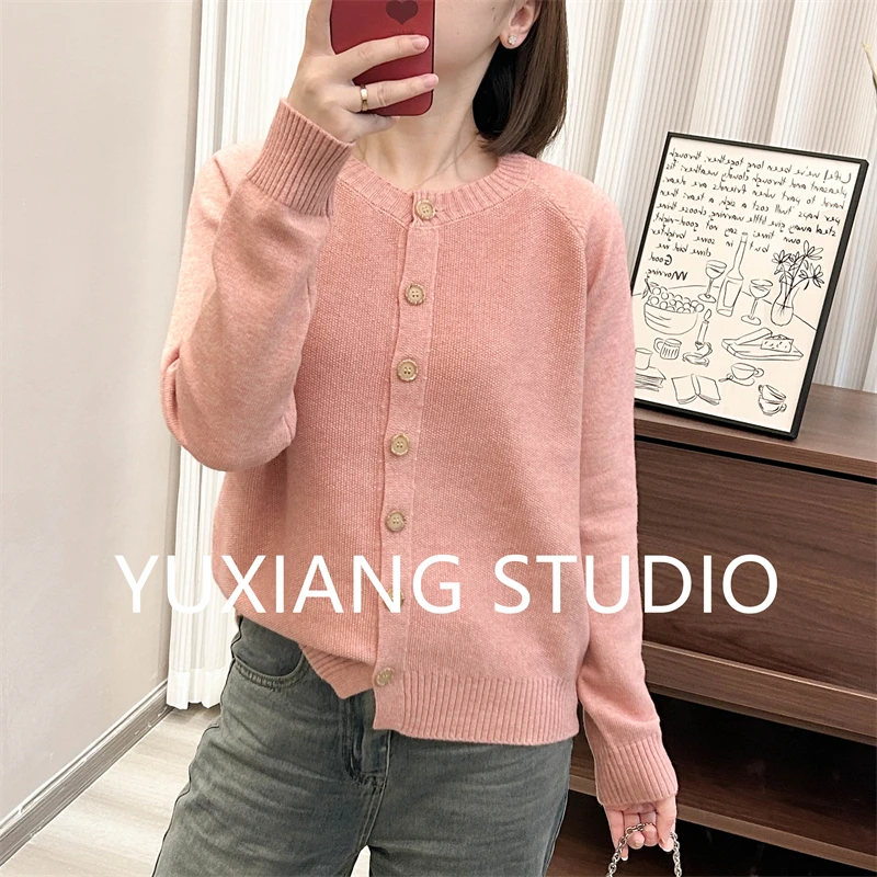 H圆领菠萝针插肩袖针织开衫秋冬季新款上衣宽松纯色韩系毛衣女士