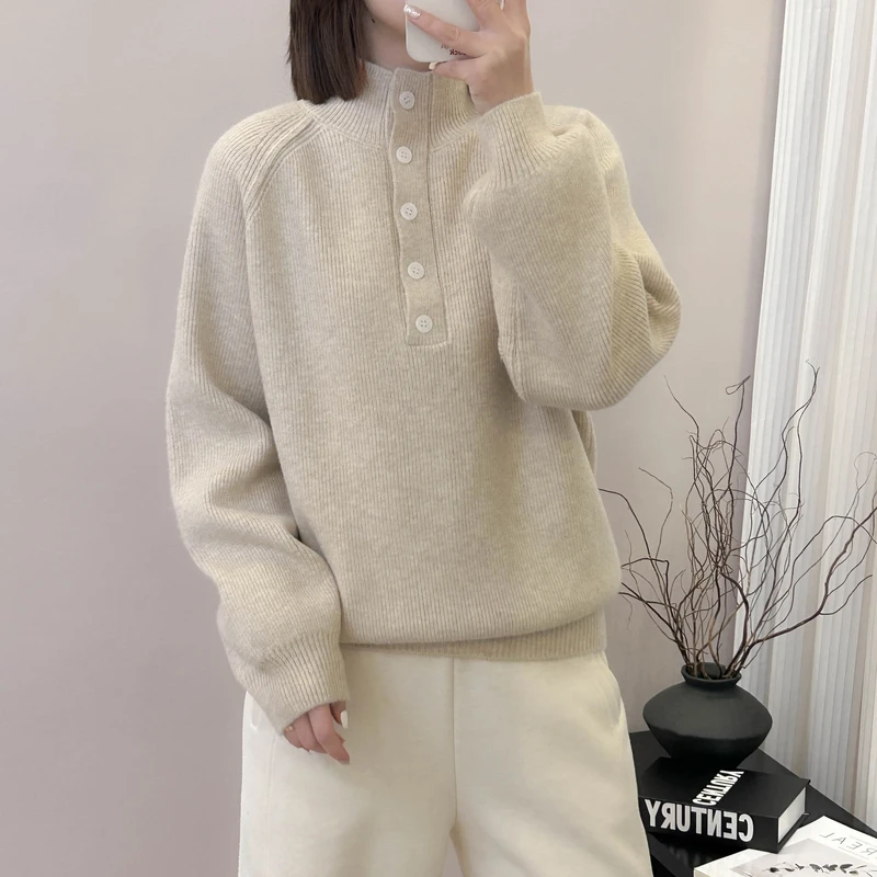 插肩袖半开门禁纯色半高领针织打底衫秋冬季新款宽松韩版毛衣内搭