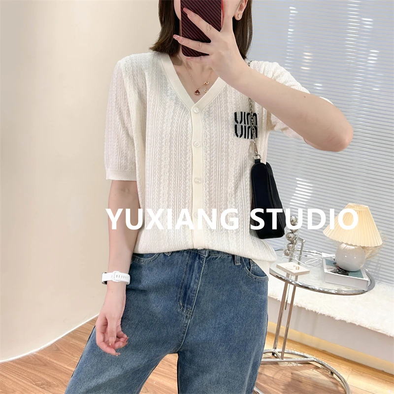 QSH开衫MIU字母提花V领短袖夏季新款上衣宽松韩版百搭针织T恤衫女