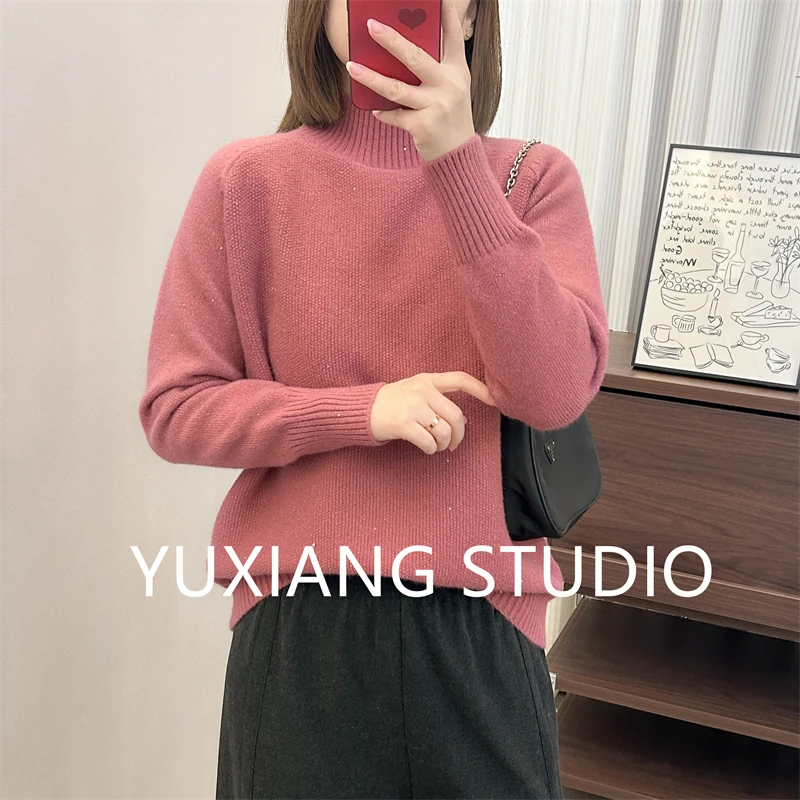 QSH彩色亮片半高领菠萝针针织打底衫秋冬季新款上衣宽松韩版毛衣