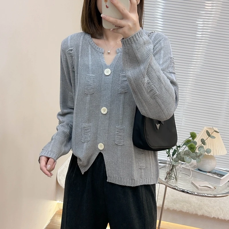 上下开叉破洞流苏假开衫针织衫秋季新款上衣宽松韩版外穿毛衣女