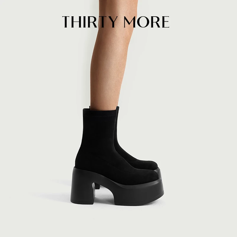 【魅力瘦身】ThirtyMore粗跟弹力短靴秋冬新款防水台瘦瘦靴