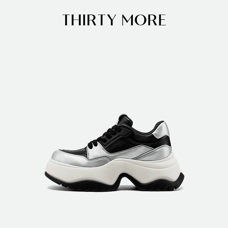 Thirty More厚底老爹鞋女2025春夏新款牛皮休闲鞋百搭黑白熊猫鞋