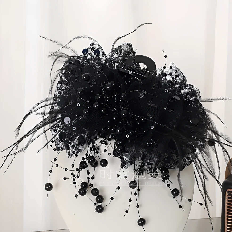 满天星亮片抓夹发饰气质蓬松时尚珠珠鲨鱼夹羽毛后脑勺夹百搭发夹