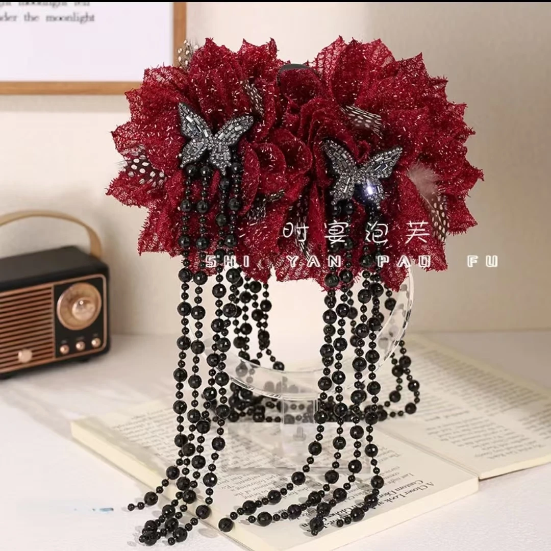 落日黄昏冬季新款流苏花朵鲨鱼夹优雅大气抓夹温柔百搭古风头饰女