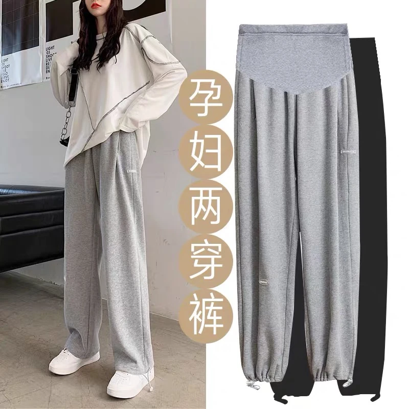 孕妇裤子秋季外穿休闲宽松阔腿春秋款运动卫裤女春夏哈伦托腹长裤