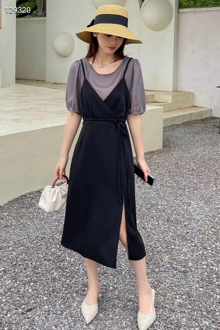 假两件吊带短袖质拼接裙子