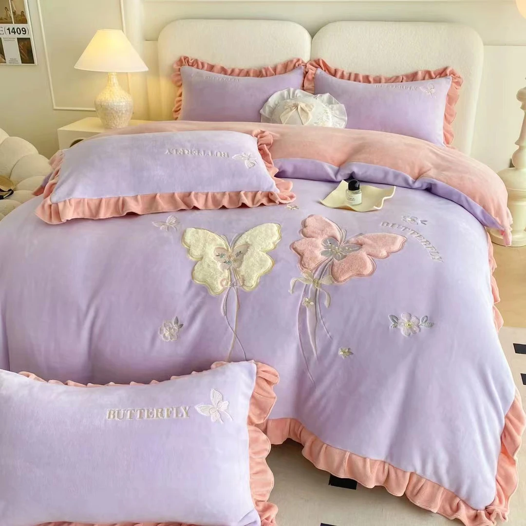 （优雅紫）2024款冬季保暖重工刺绣全消光牛奶绒花边四件套--凯瑟琳