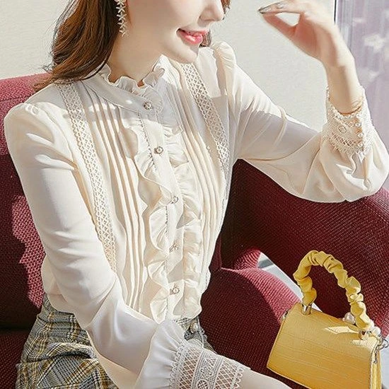 优雅长袖气质衬衫女修身2024春秋季新款蕾丝木耳边雪纺上衣超洋气