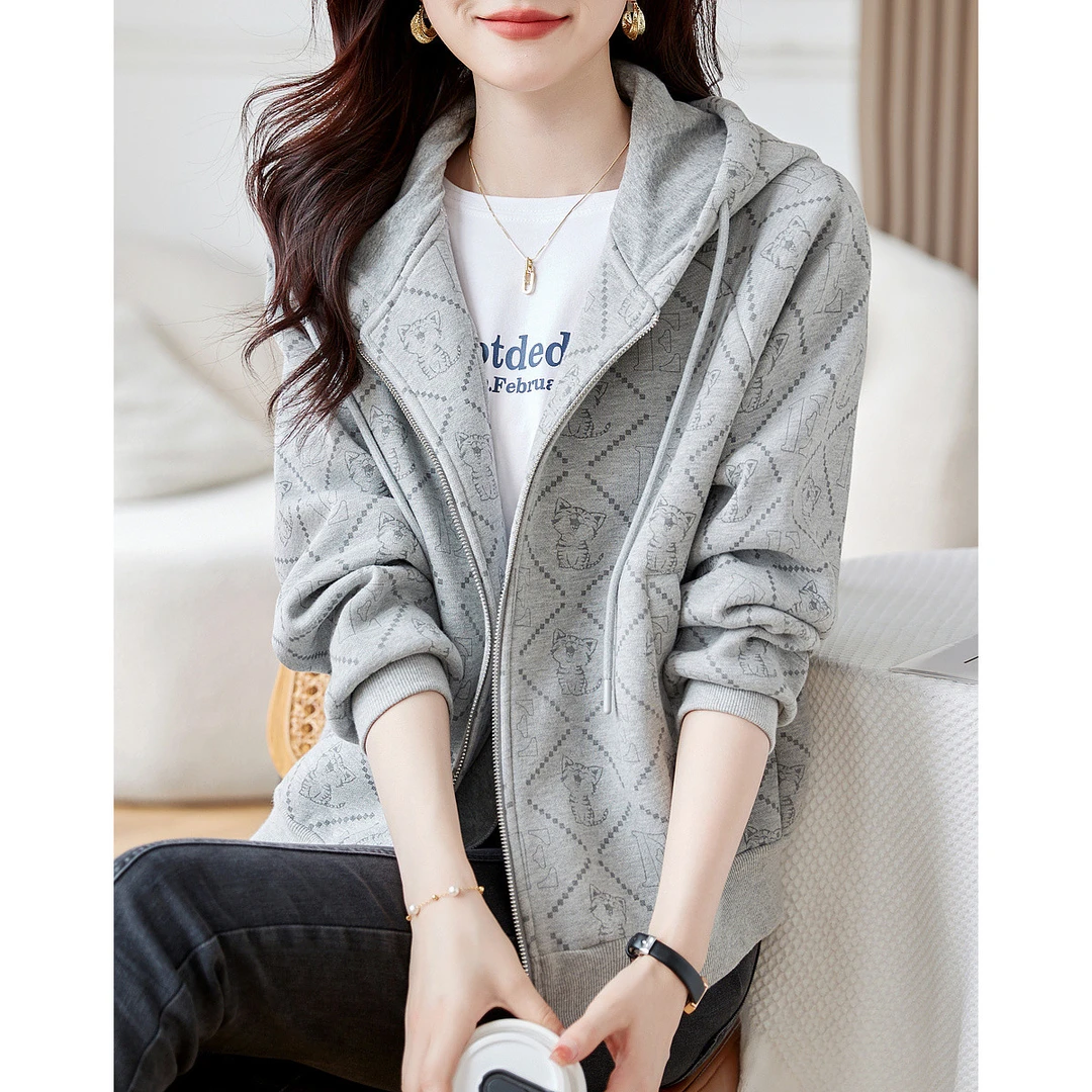 【320G连帽字母印花外套】2023春秋新款学院风落肩外套女短款