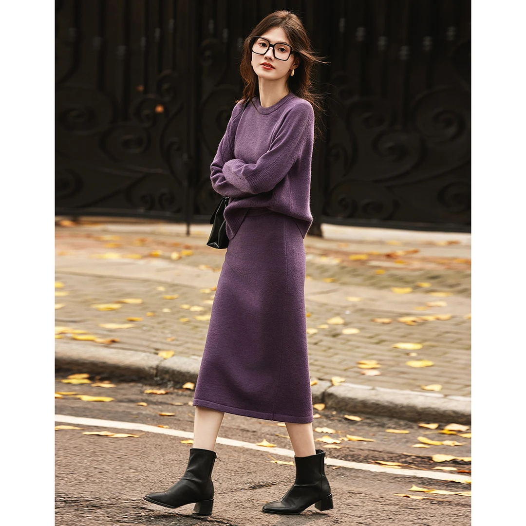 【复古温柔】冬新圆领高弹纤绒纱提花上衣高腰半裙套装女两件套