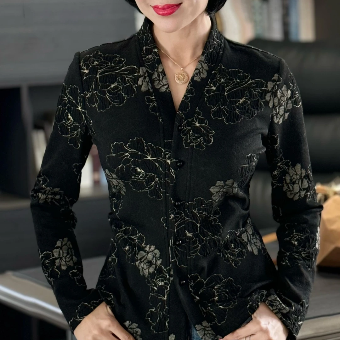 【幽然】崔崔高定复古新中式国风长袖开衫打底V领上装