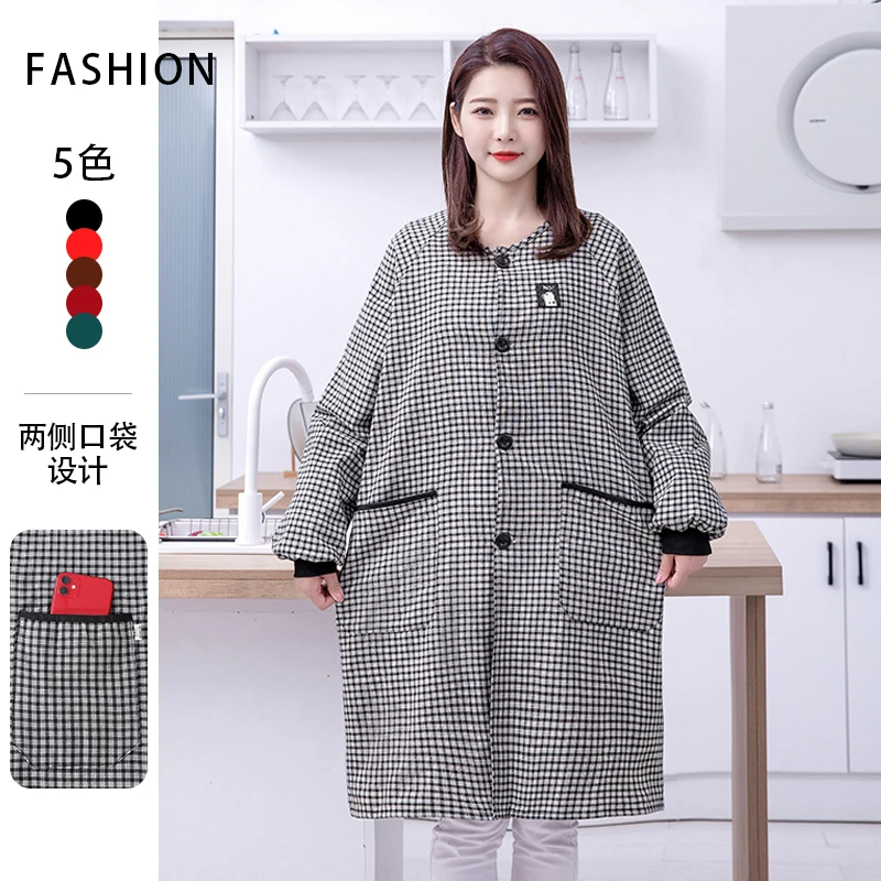 简约时尚加长棉格罩衣围裙家用厨房大褂上班工作服透气防油污男女