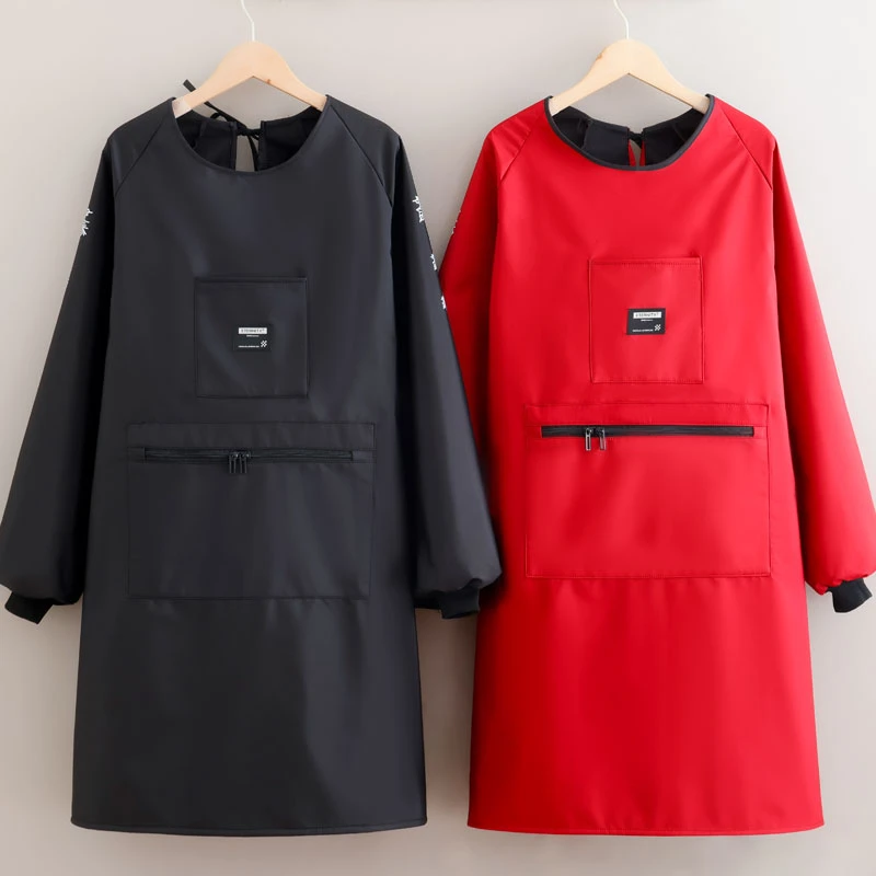 冬季加绒长袖反穿厨房做饭围裙上班工作服时尚加厚罩衣男女同款