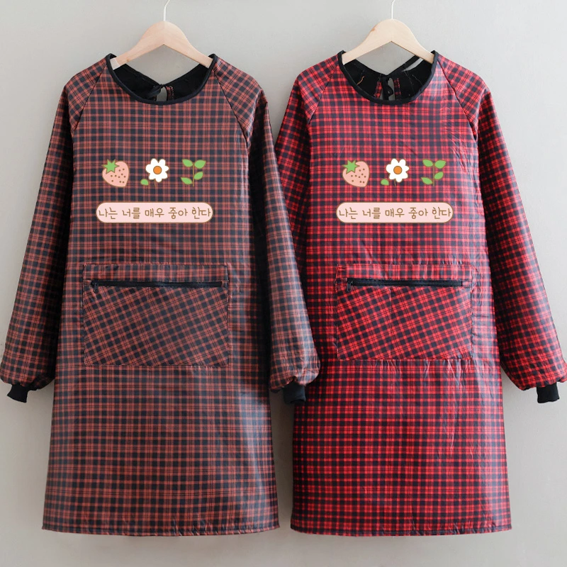 长袖加绒加厚围腰防水围裙罩衣可定制logo中长款外穿工作服耐脏女