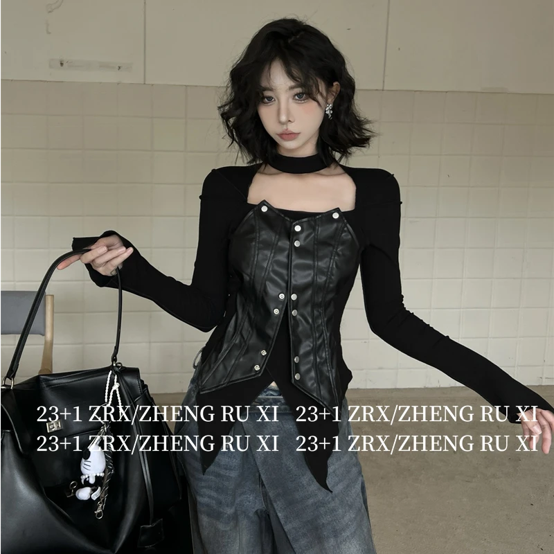 付新博女装小众美式辣妹风PU皮拼接设计不规则长袖T恤女内搭13484